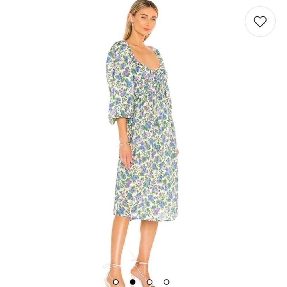 For Love & Lemons Bridget Midi White Green Dress Floral Puff Size S - Picture 3 of 13